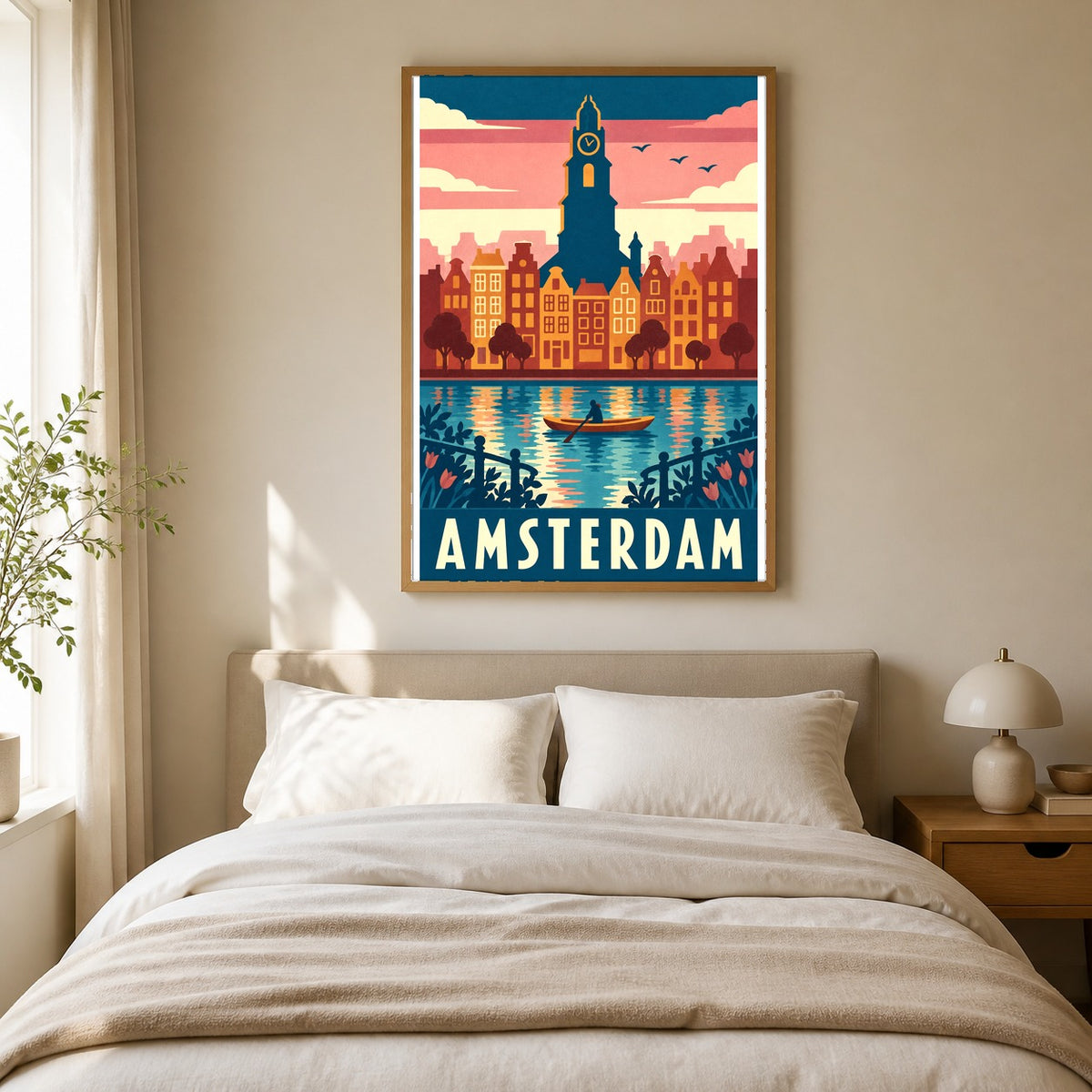 Amsterdam Travel Poster, Retro Netherlands Canal City Skyline Wall Art