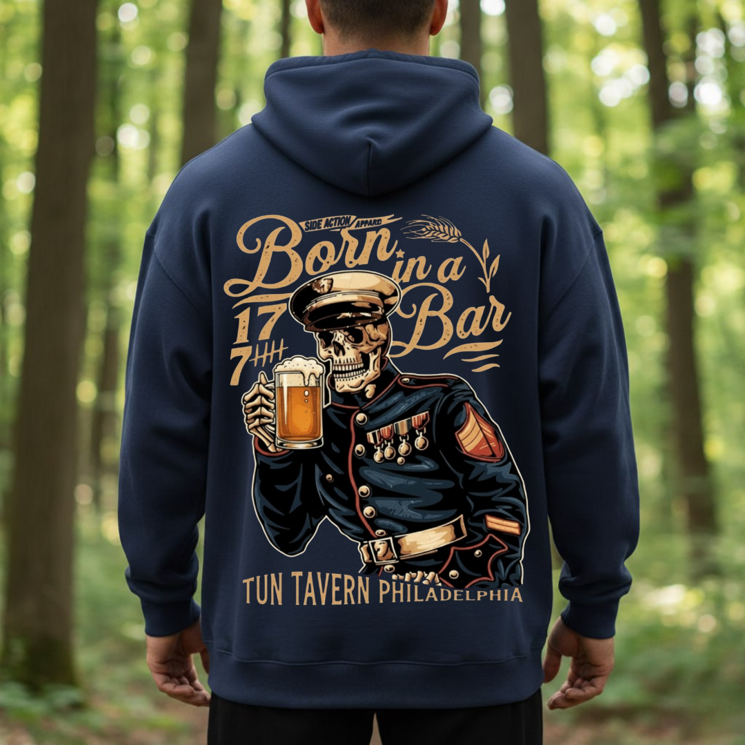 Born in a Bar – Patriotic Military Skull Beer Shirt | Tun Tavern 1775 Veteran Tee, Gift for Veterans Day