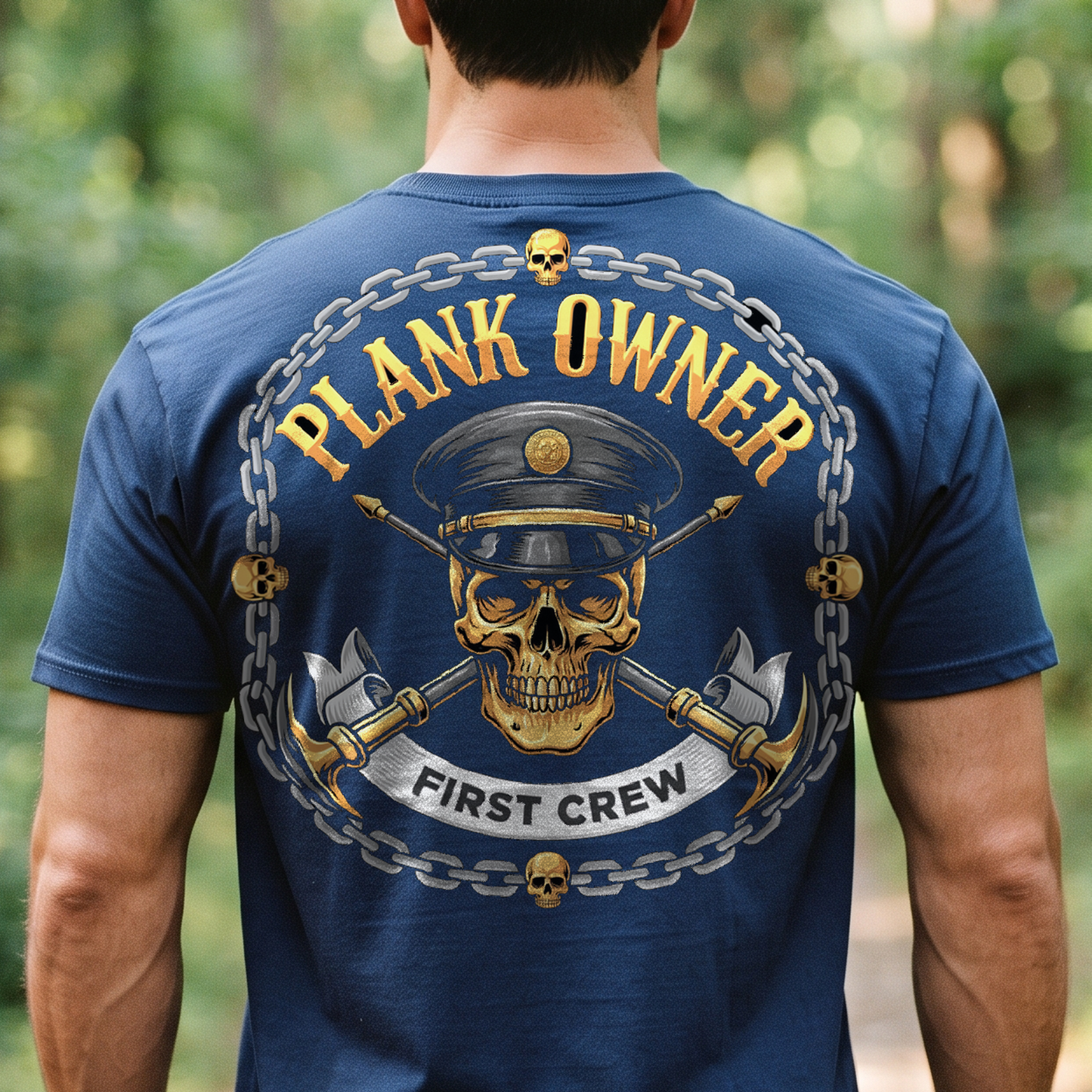 "Plank Owner - First Crew" T-Shirt – Navy Tradition Skull Anchor Gift for Veterans Day