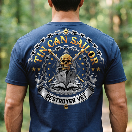 "Tin Can Sailor - Destroyer Vet" T-Shirt – Navy Tradition Skull Anchor Gift for Veterans Day