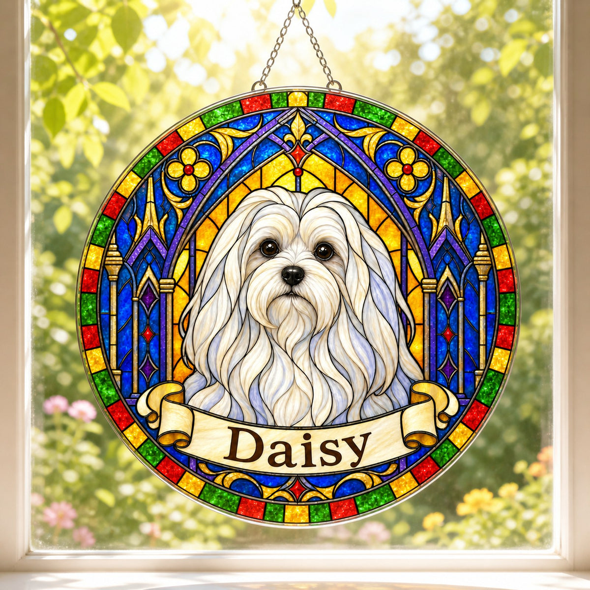 Maltese Memorial Suncatcher - Rainbow Bridge Pet Keepsake