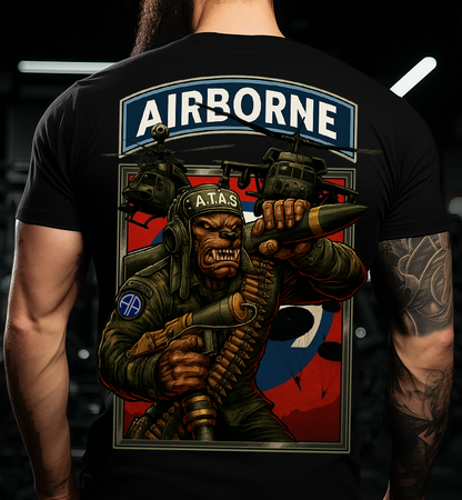Airborne Military Tribute T-Shirt • Veteran Graphic Tee with Helicopters and Warrior Design • Patriotic Gift for Dad and Grandpa