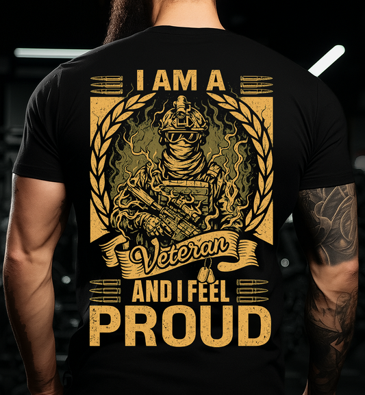 I Am a Veteran and I Feel Proud” T-Shirt – Patriotic Military Soldier Graphic with Laurel Wreath & Dog Tags, Black/Gold Print – Perfect Gift for Dad & Grandpa on Veterans Day, Father’s Day, Birthdays