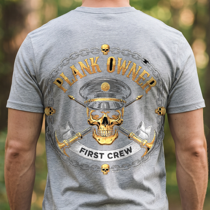 "Plank Owner - First Crew" T-Shirt – Navy Tradition Skull Anchor Gift for Veterans Day