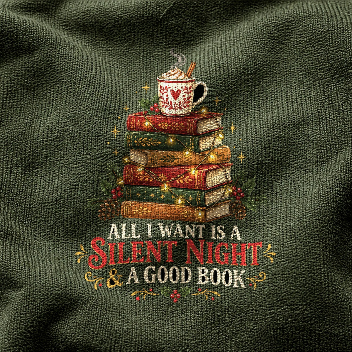 Comfort Colors Book Lover Christmas Graphic T-Shirt, Moss