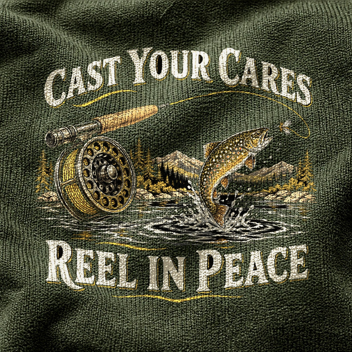 Comfort Colors Cast Your Cares Fly Fishing T-Shirt, Moss Graphic Tee