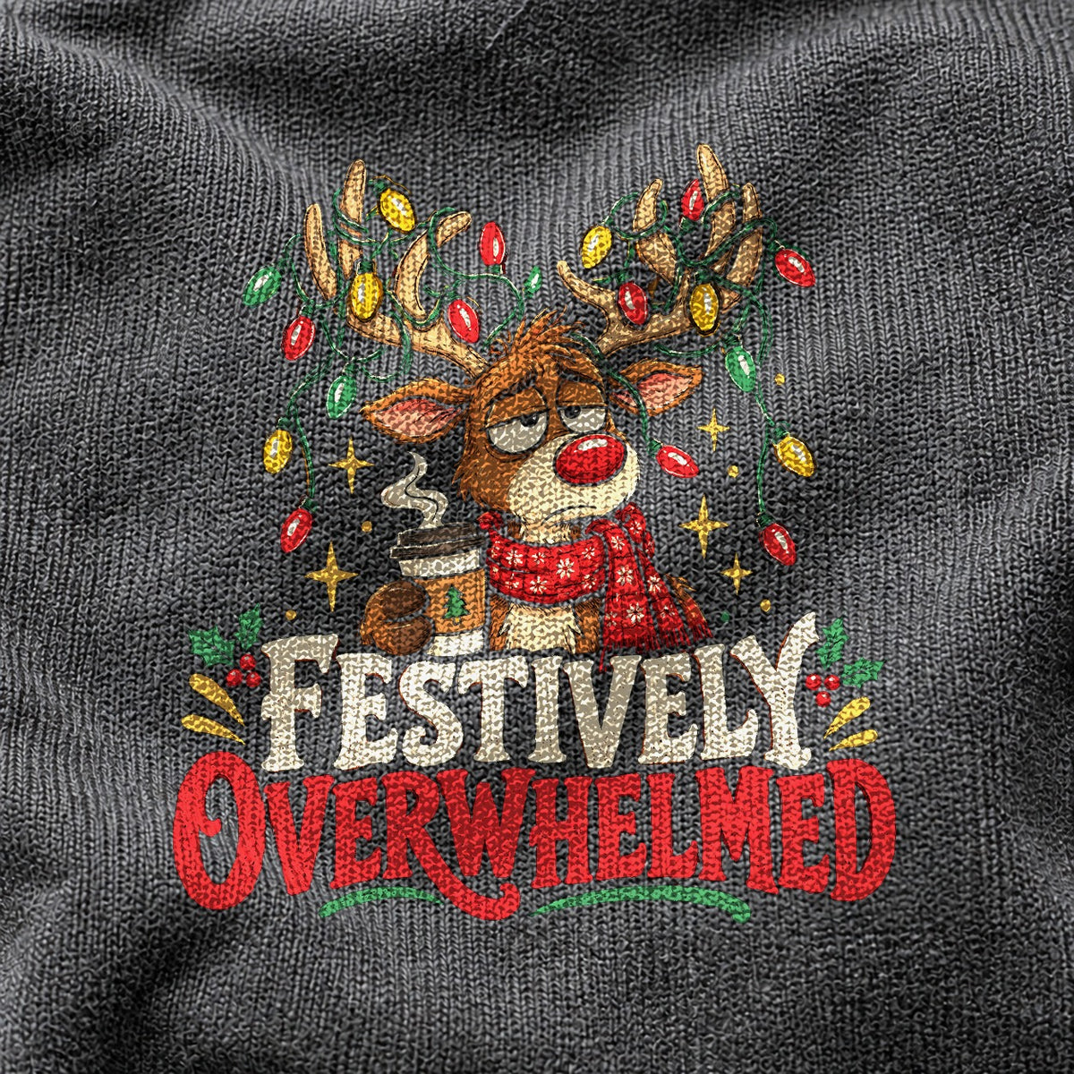 Festively Overwhelmed Reindeer Comfort Colors T-Shirt, Pepper Graphic Tee
