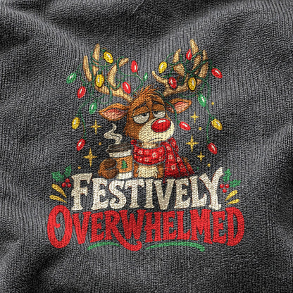 Festively Overwhelmed Reindeer Comfort Colors T-Shirt, Pepper Graphic Tee