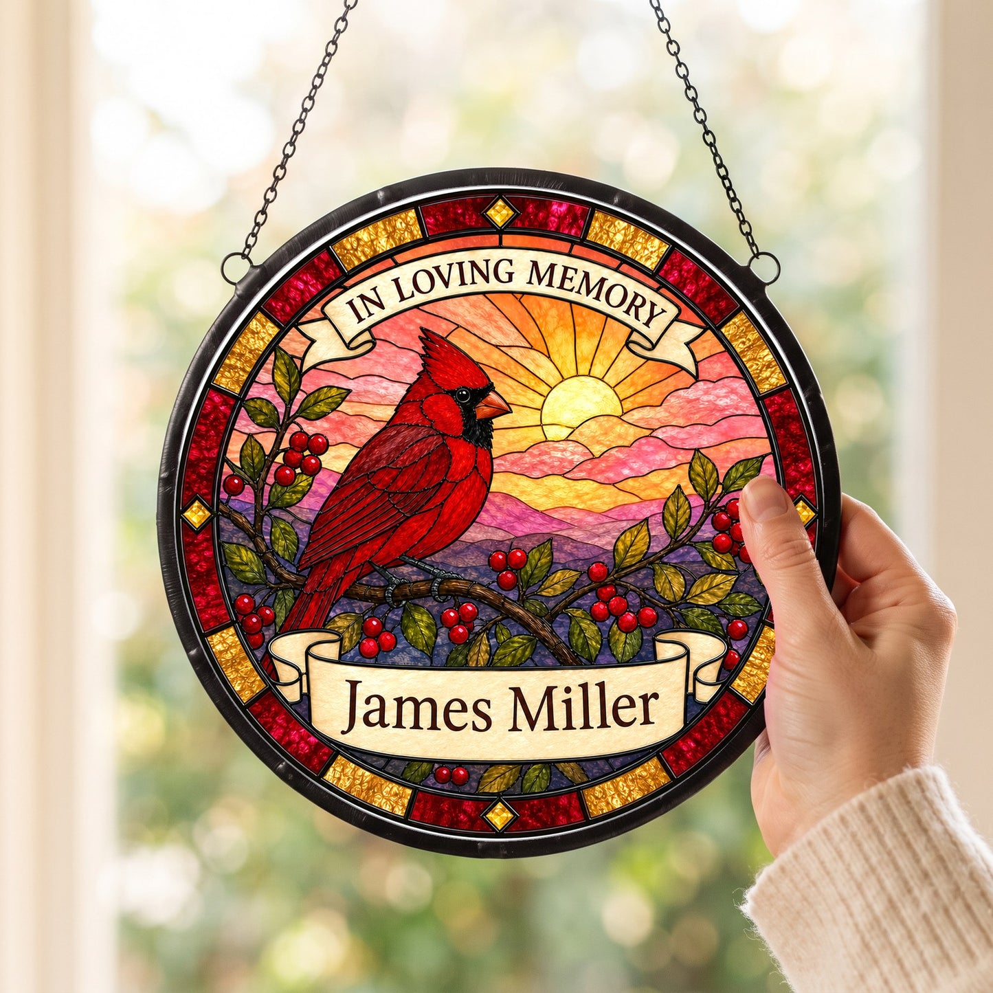 Cardinal Memorial Suncatcher - Cardinal Branch Remembrance Gift