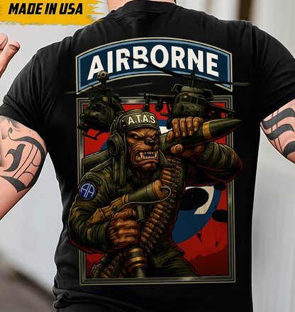 Airborne Military Tribute T-Shirt • Veteran Graphic Tee with Helicopters and Warrior Design • Patriotic Gift for Dad and Grandpa