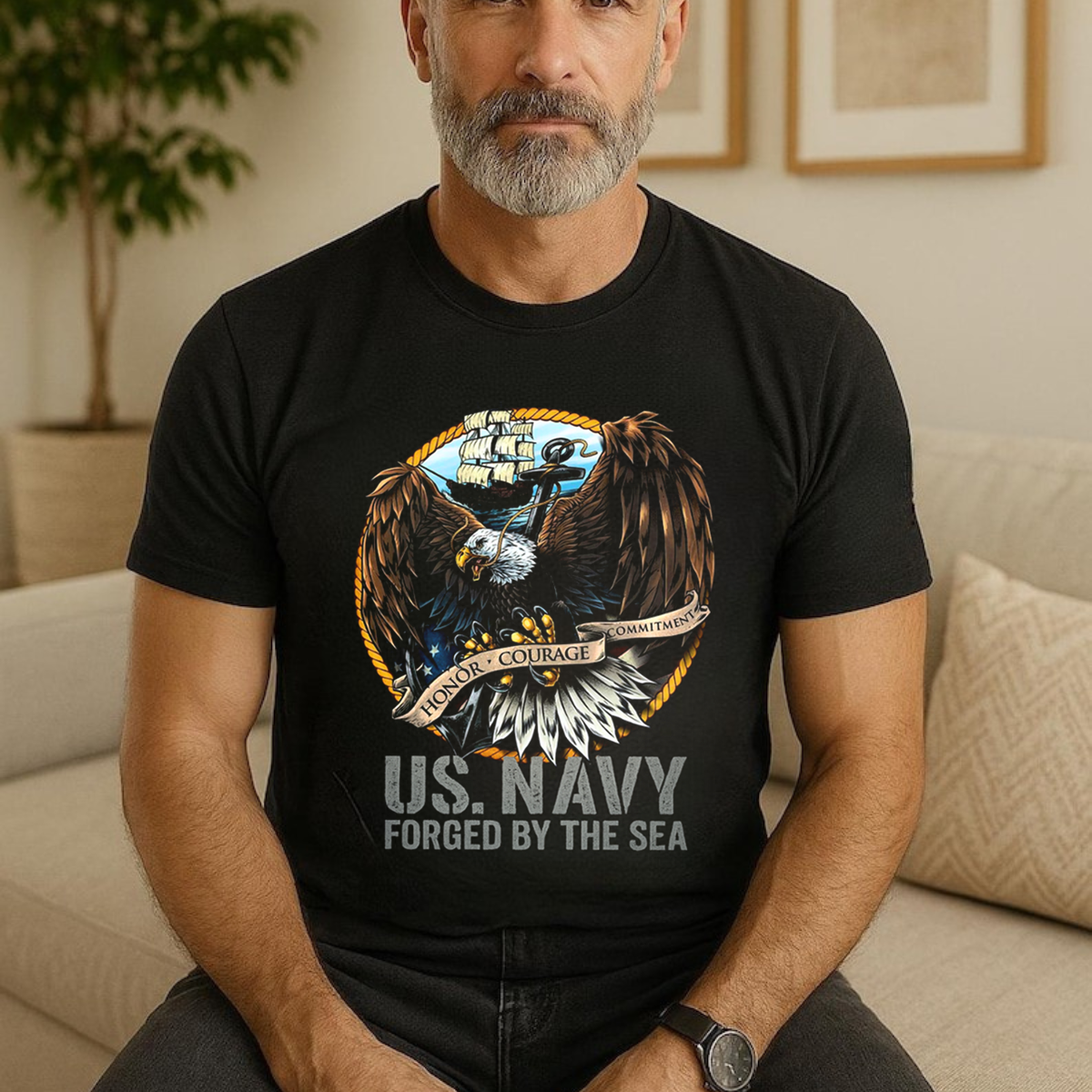US Navy Veteran T-Shirt – Eagle Anchor Flag Graphic Tee – Honor Courage Commitment Shirt
