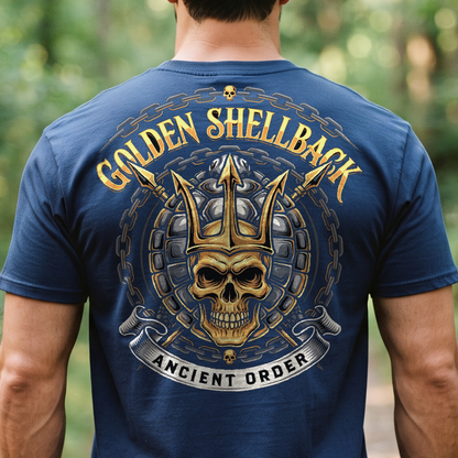"Golden Shellback - Ancient Order" T-Shirt – Navy Tradition Skull Anchor Gift for Veterans Day