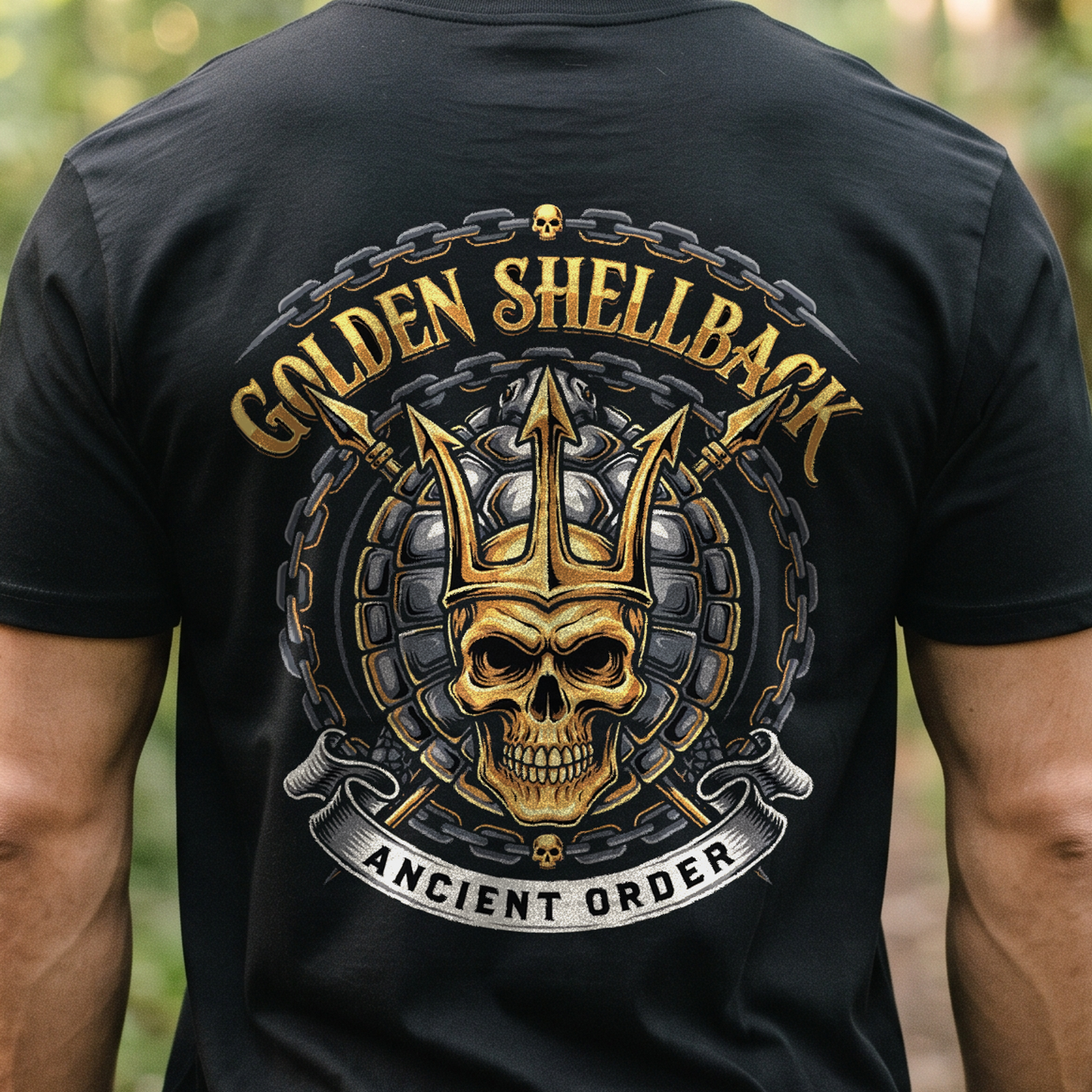 "Golden Shellback - Ancient Order" T-Shirt – Navy Tradition Skull Anchor Gift for Veterans Day