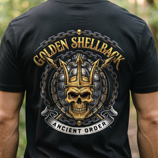 "Golden Shellback - Ancient Order" T-Shirt – Navy Tradition Skull Anchor Gift for Veterans Day