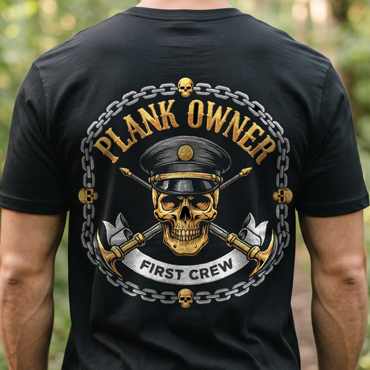 "Plank Owner - First Crew" T-Shirt – Navy Tradition Skull Anchor Gift for Veterans Day
