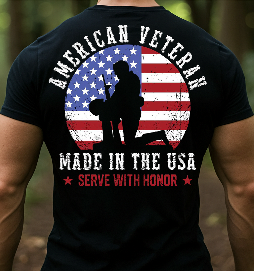 American Veteran T-Shirt for Men - Proudly Made in USA, Serve with Honor. Perfect Gift for a Veteran Dad or Grandpa.