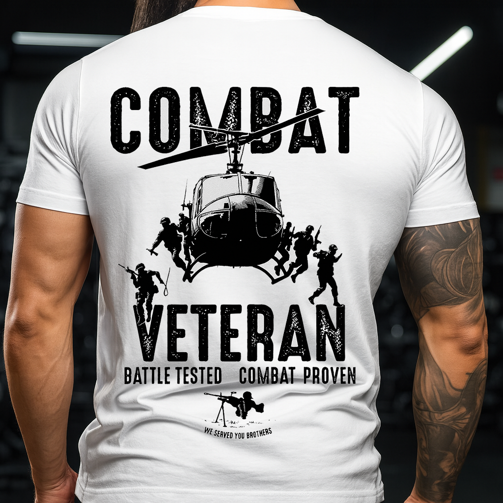 Combat Veteran Graphic T-Shirt for Men – Helicopter & Soldiers Design with “Battle Tested • Combat Proven” – Soft Short-Sleeve Crewneck – Patriotic Gift for Dad & Grandpa – Father’s Day & Veterans Day