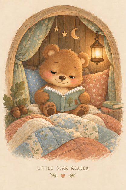Little Bear Reader Art Poster, Woodland Bedtime Story Nursery Decor