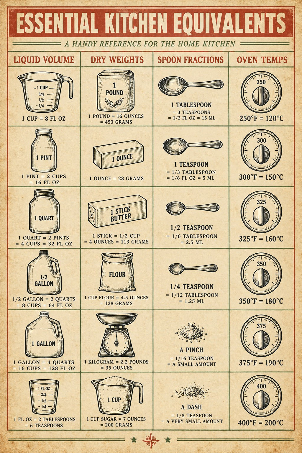 Kitchen Equivalents Chart Poster, Baking Conversion Art