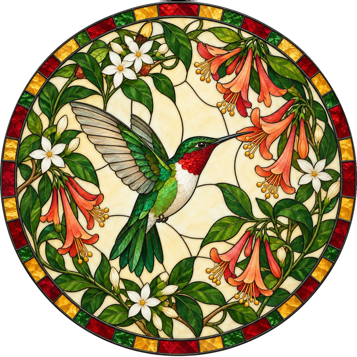 Ruby Nectar Symphony Suncatcher, Hummingbird Glass Window Ornament