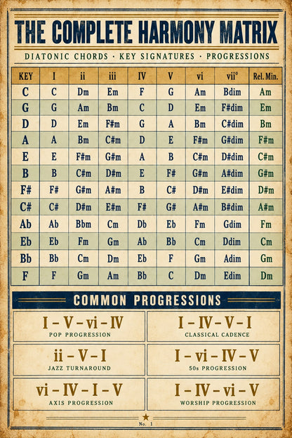 Complete Harmony Matrix Poster, Studio Diatonic Music Theory Reference