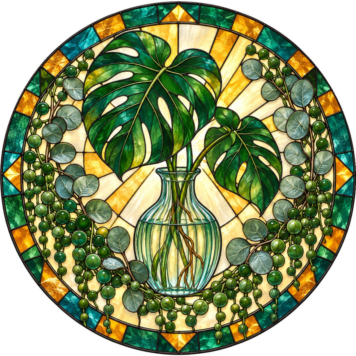 Mid-Century Botanical Sunburst Glass Suncatcher Window Ornament