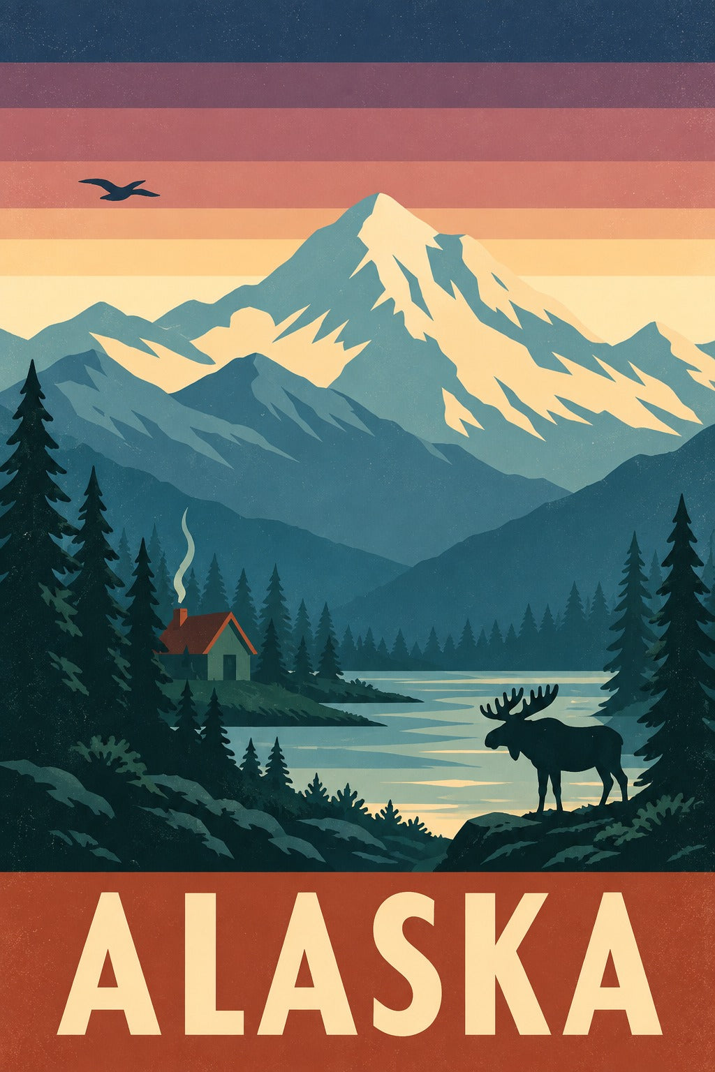 Alaska Vintage Travel Poster, Mountain and Moose Wilderness Wall Art