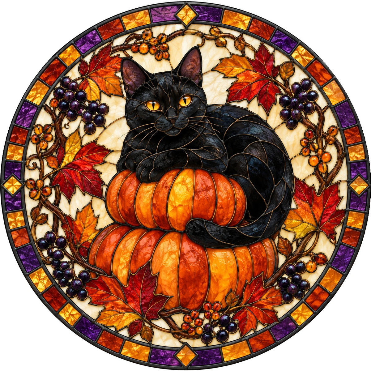 Midnight Cat and Pumpkin Suncatcher Ornament for Autumn Decor