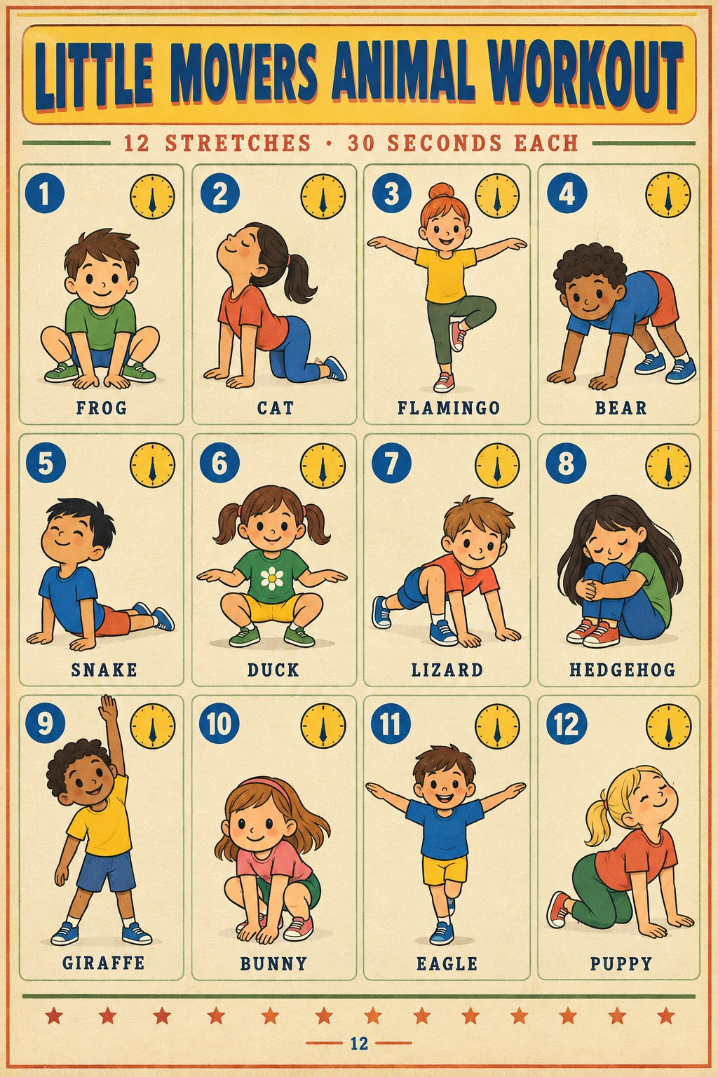 Kids Animal Workout Chart Poster for Playrooms and Gyms