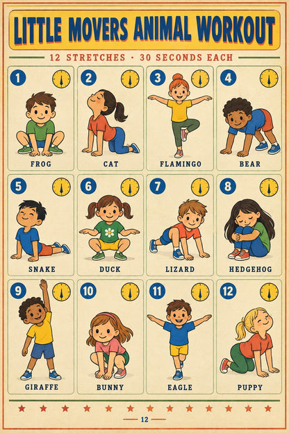 Kids Animal Workout Chart Poster for Playrooms and Gyms