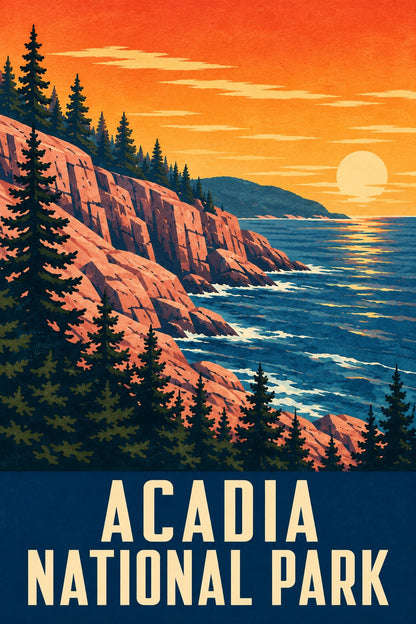 Acadia National Park Vintage Travel Art Poster, Maine Coastal Print
