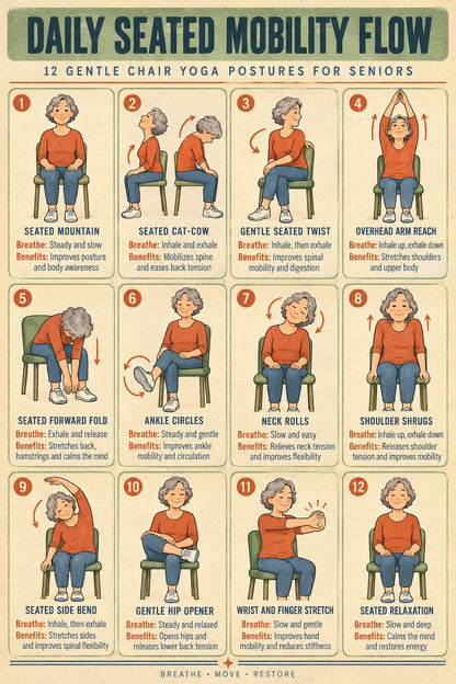 Chair Yoga for Seniors Poster, Daily Seated Mobility Flow Art