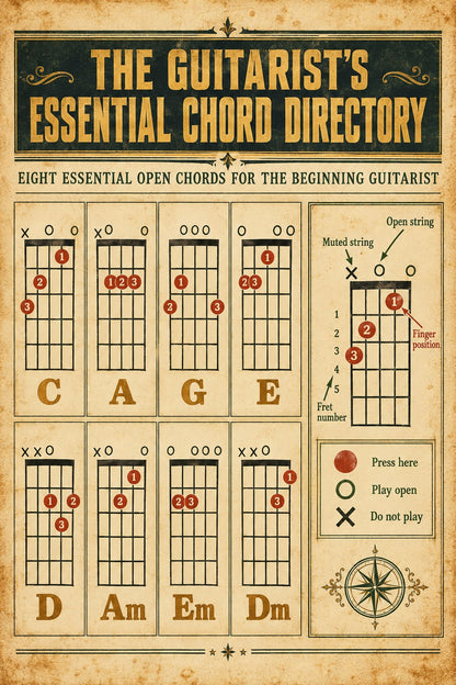 Vintage Guitar Chord Directory Poster, Acoustic Music Reference Wall Art