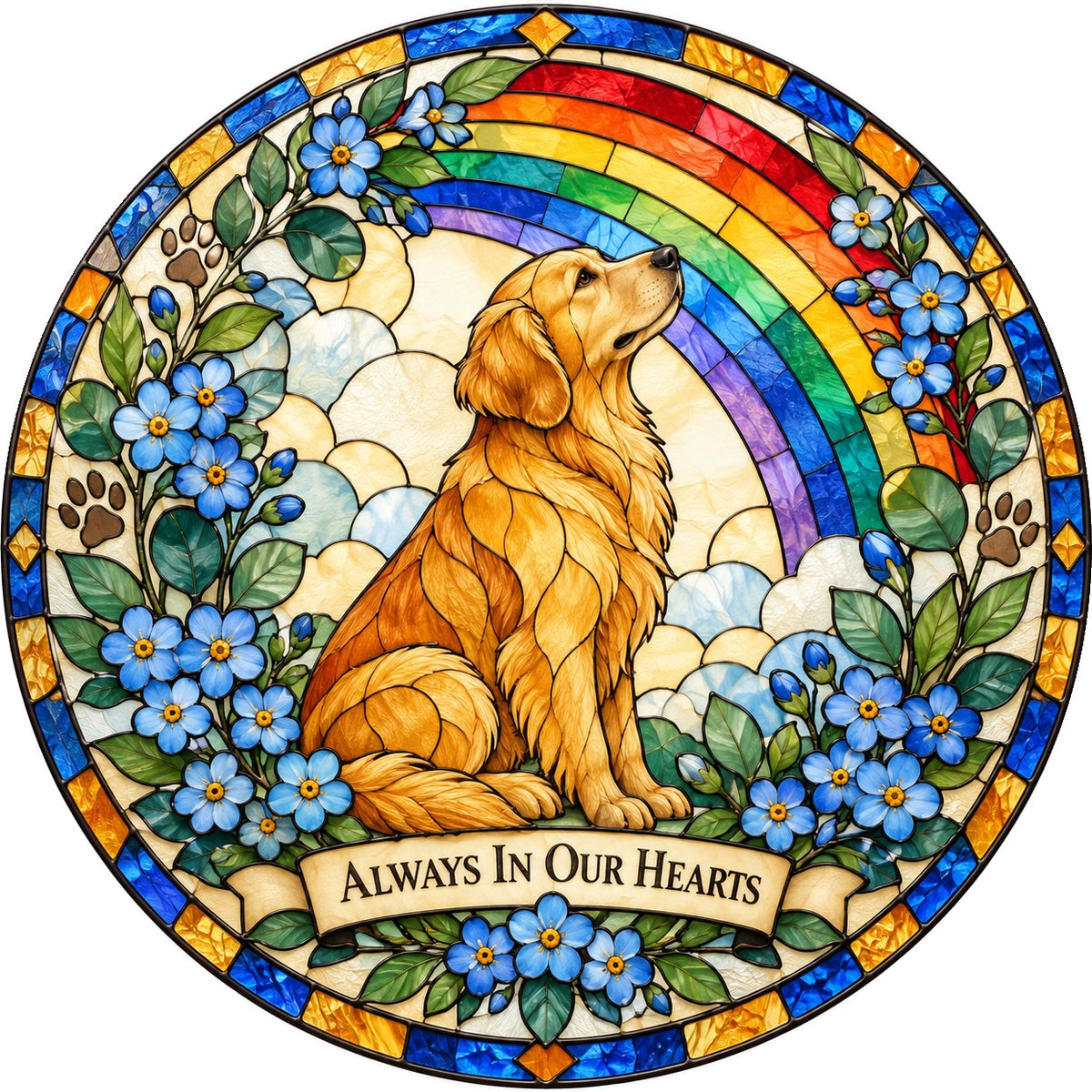 Rainbow Bridge Golden Dog Suncatcher, Pet Memorial Glass Ornament