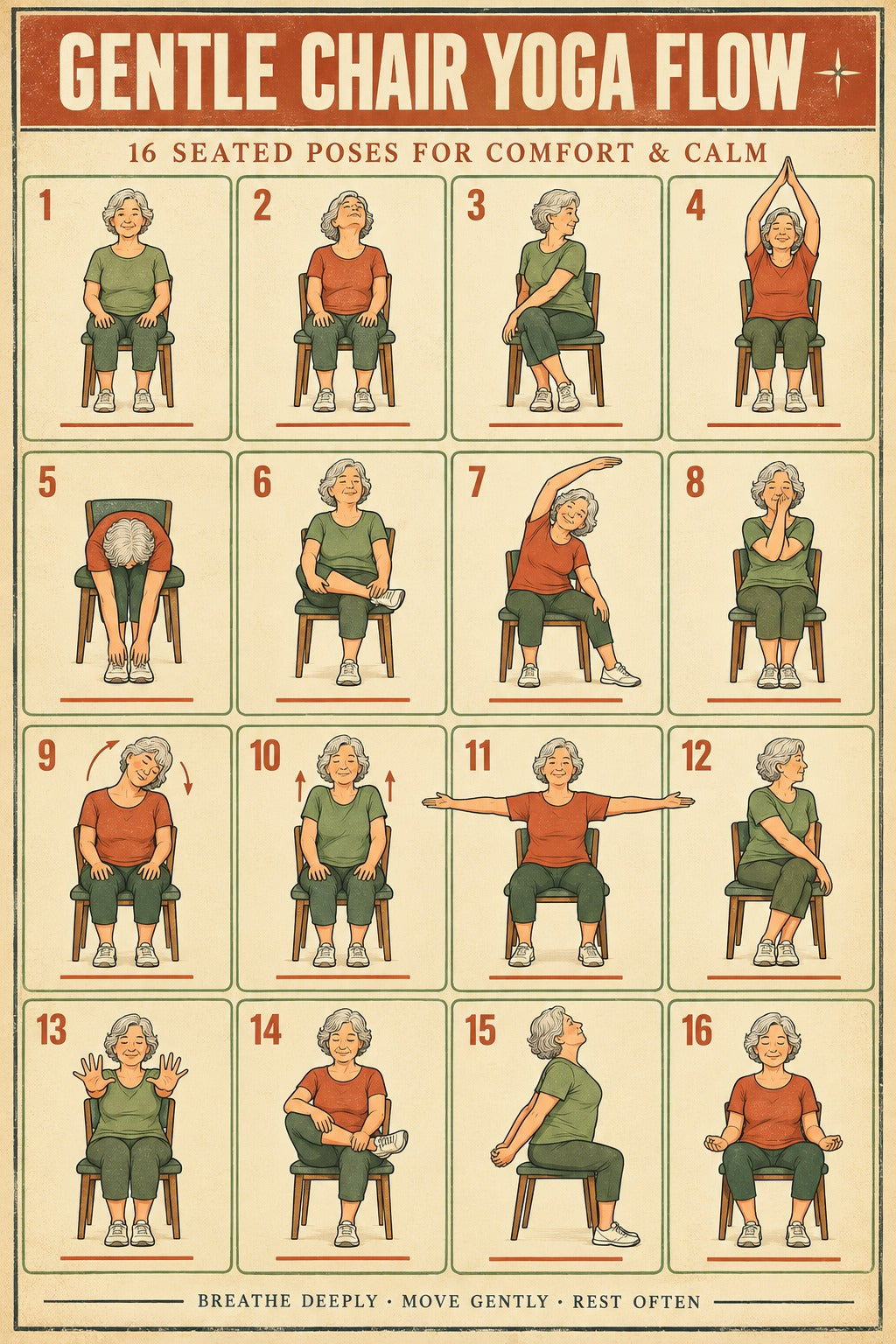 Gentle Chair Yoga Flow Poster, Seated Exercises Chart