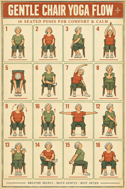 Gentle Chair Yoga Flow Poster, Seated Exercises Chart