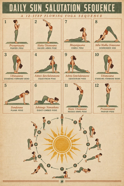 Sun Salutation Yoga Sequence Poster, Minimalist Wellness Wall Art