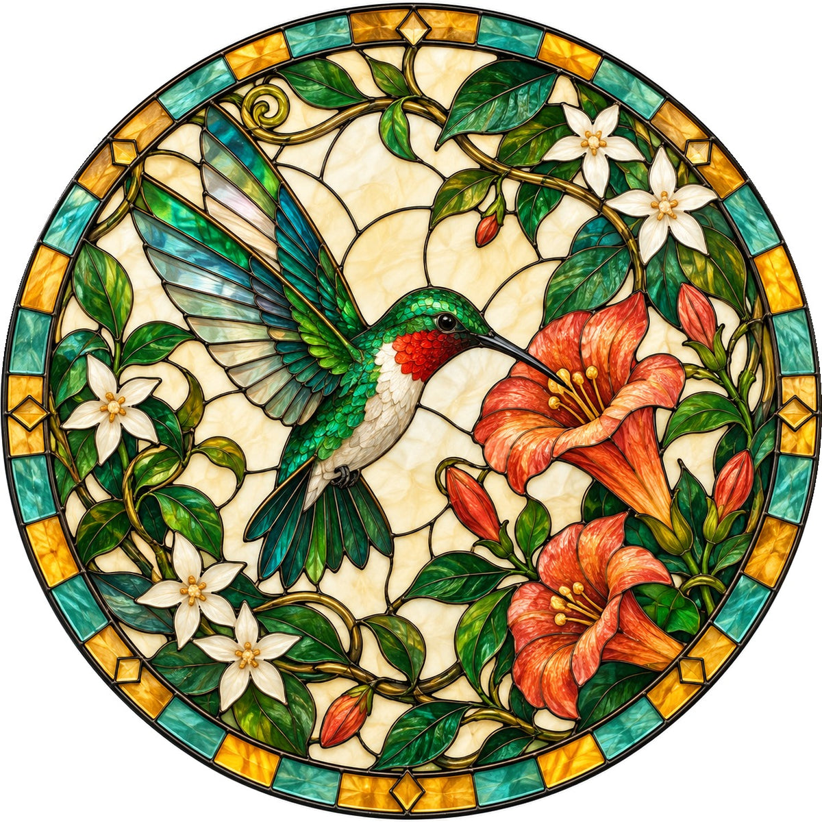 Sunlit Honeysuckle Hummingbird Suncatcher Window Hanging Ornament