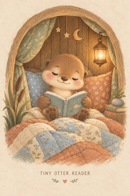 Tiny Otter Reader Nursery Wall Art Poster, Cute Bedtime Story Print