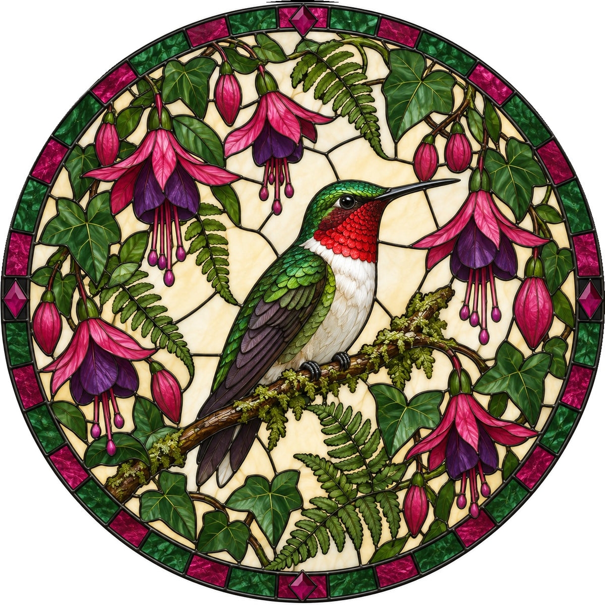 Perched Ruby Hummingbird Glass Suncatcher Hanging Window Ornament