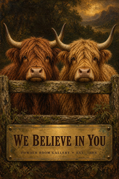 We Believe in You Highland Cattle Bathroom Humor Art Poster