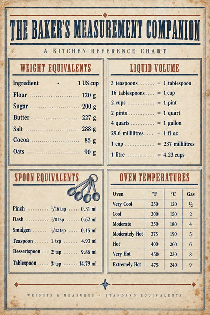 Bakers Measurement Companion Poster, Kitchen Conversion Art Chart