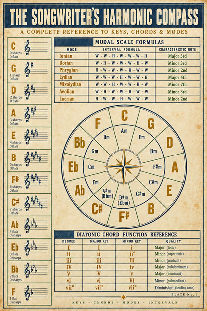 Songwriters Harmonic Compass Poster, Music Theory Studio Chart