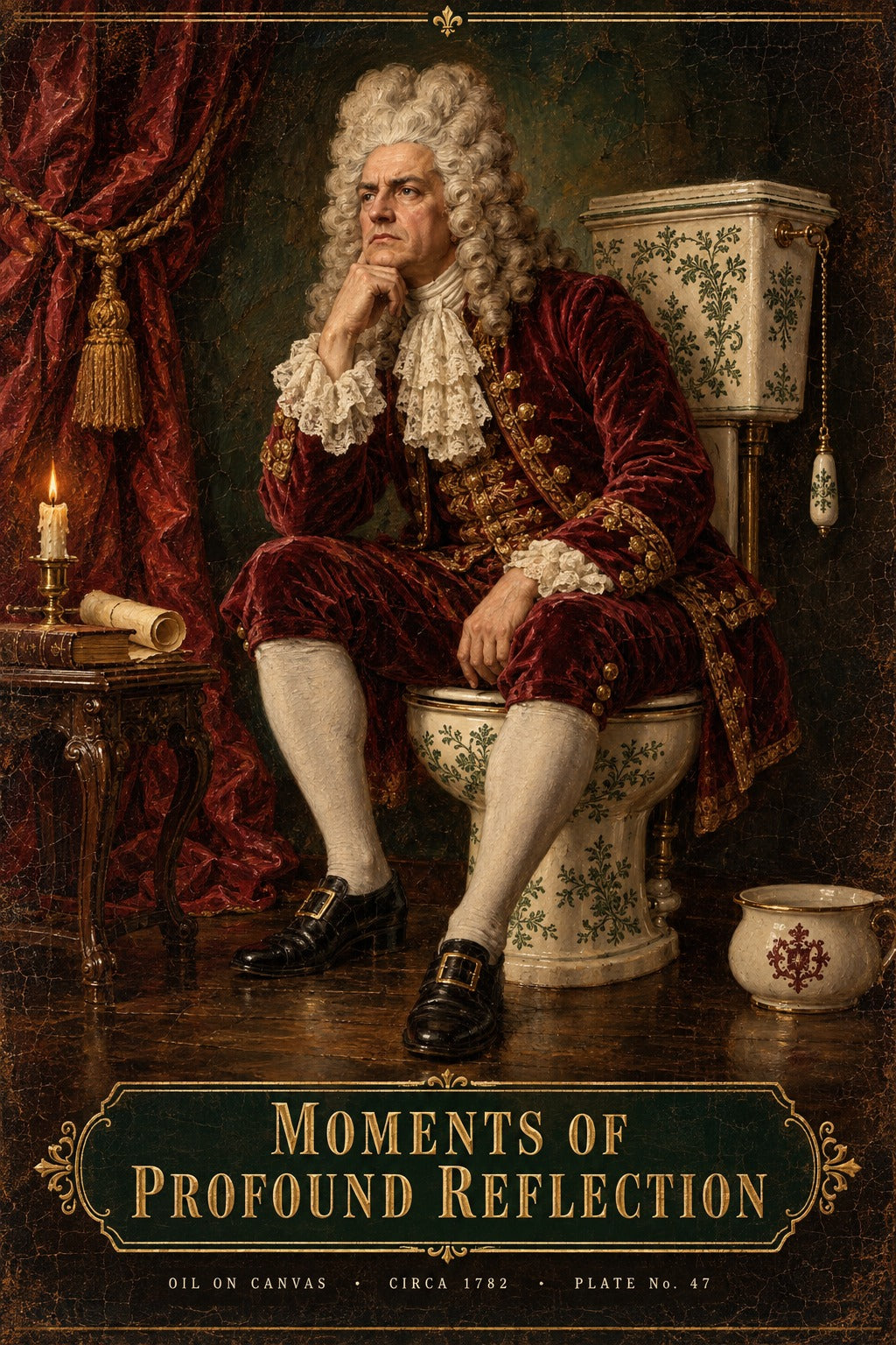 Pensive Monarch Powder Room Poster, Funny Baroque Toilet Art