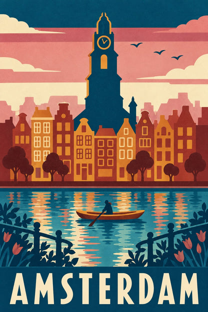 Amsterdam Travel Poster, Retro Netherlands Canal City Skyline Wall Art