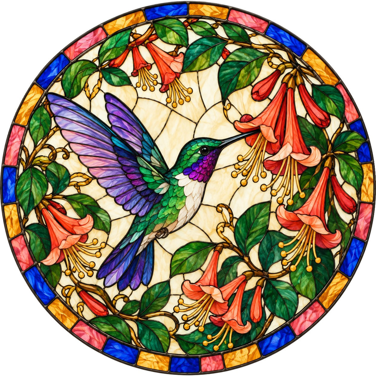 Hummingbird and Honeysuckle Glass Suncatcher Window Ornament