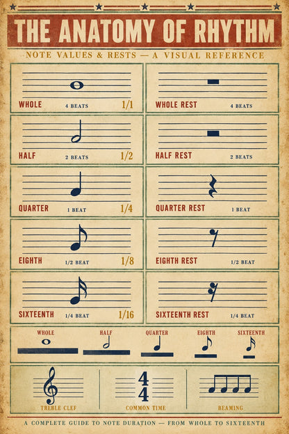 Rhythm and Note Values Poster, Music Educational Chart Art Print