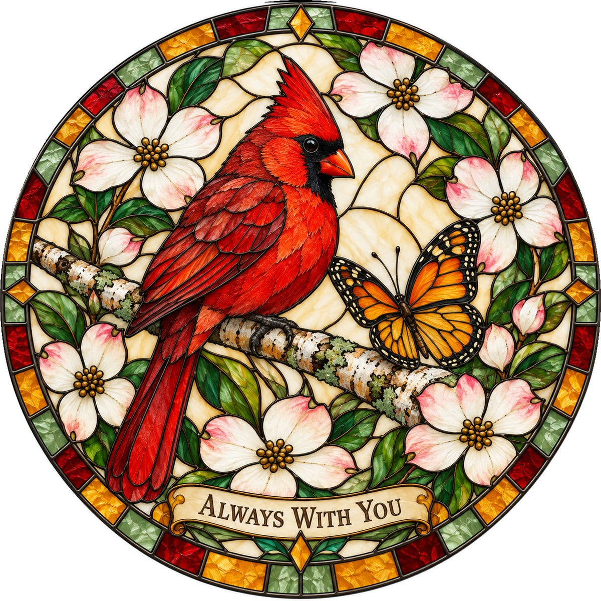 Cardinal and Butterfly Memorial Glass Suncatcher Window Ornament