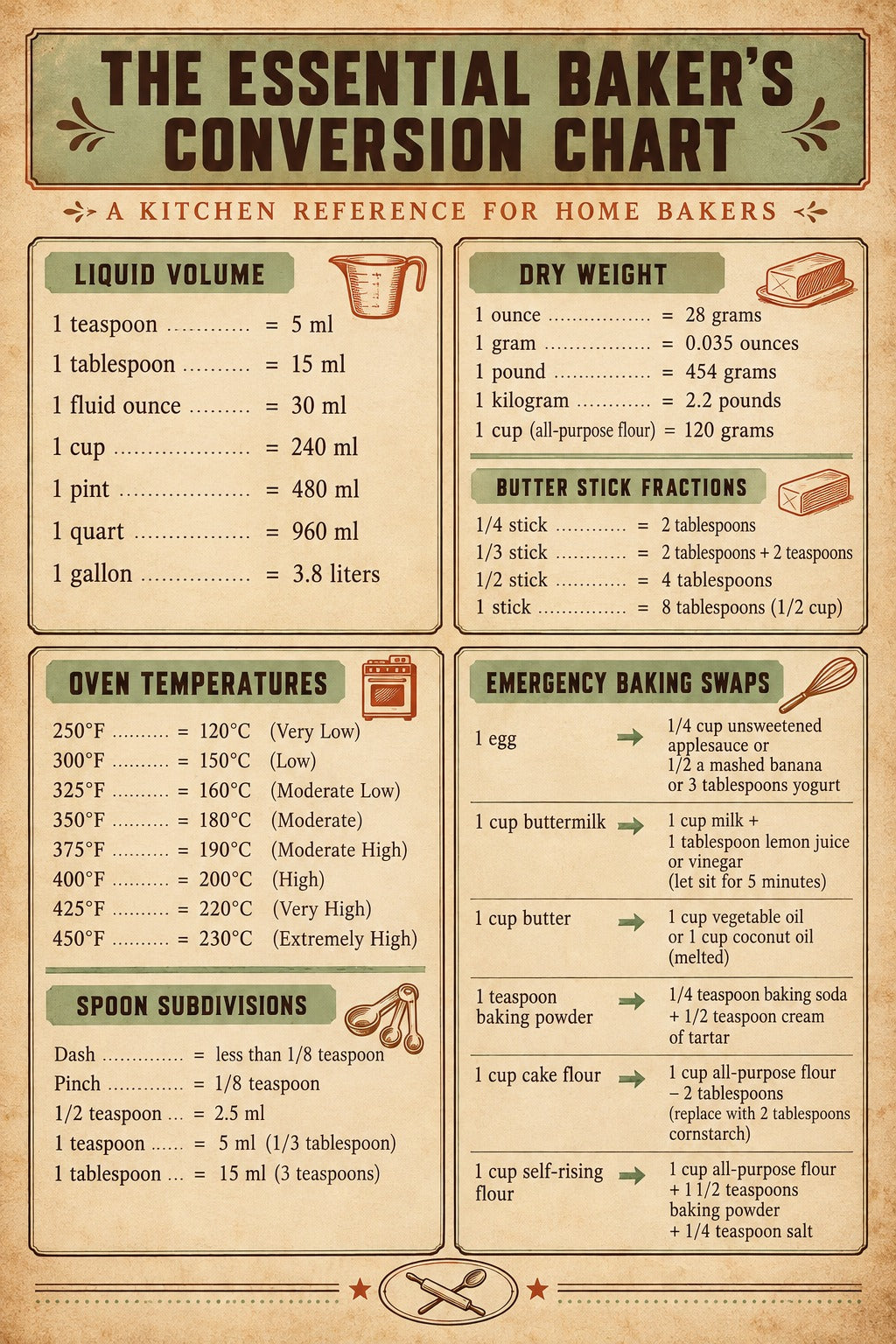 Bakers Kitchen Reference Guide Chart Poster