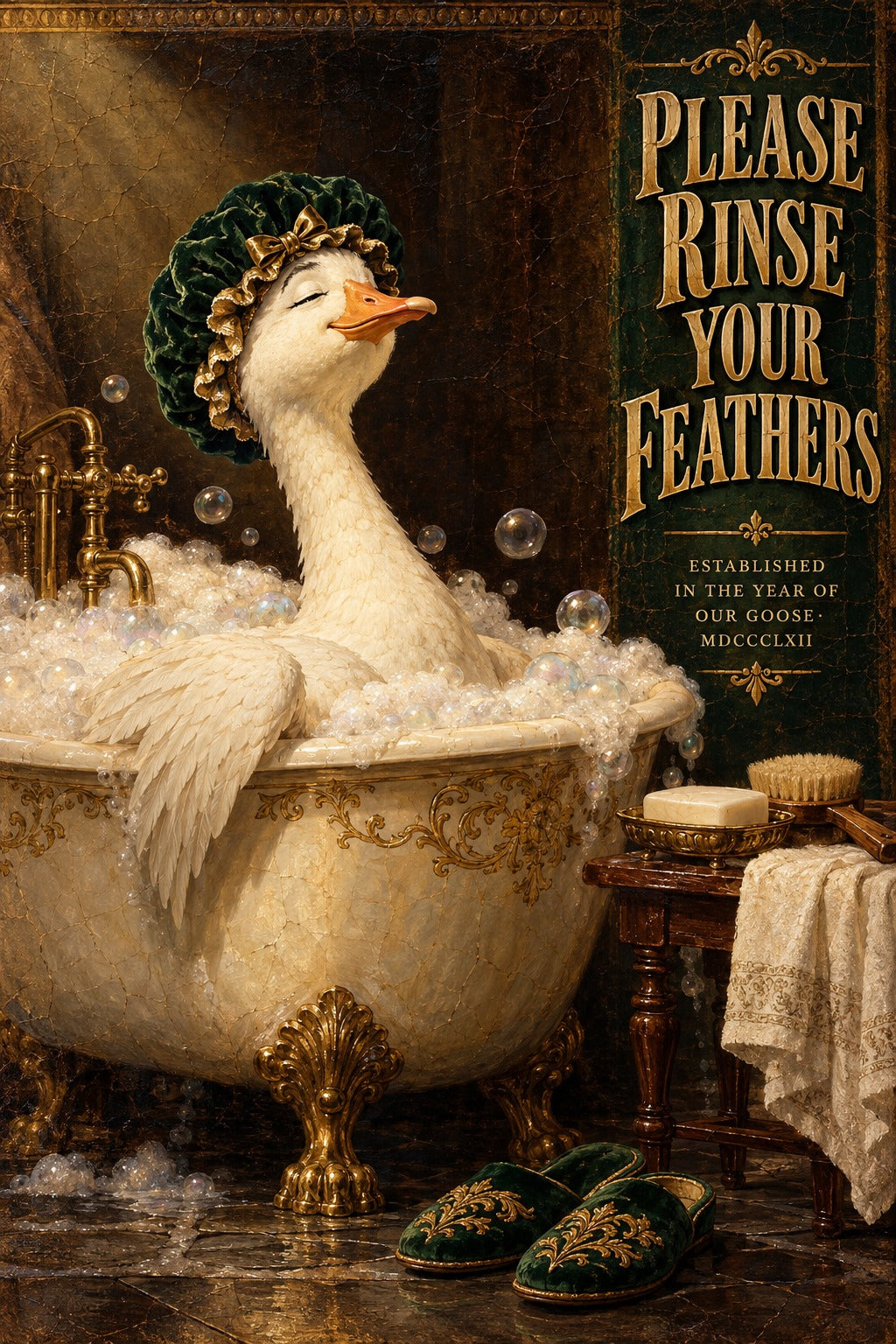 Aristocratic Goose in Clawfoot Bath Art Poster, Funny Bathroom Decor